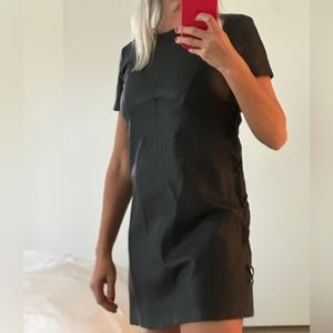 SMALL Zara Faux Leather Little Black Dress Short Sleeve Tie Detail
